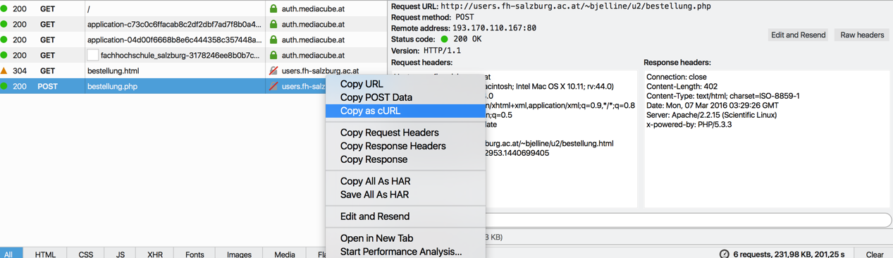 copy as curl im Netzwerk Monitor in Firefox